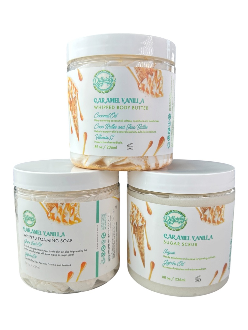 Caramel Vanilla Whipped Body Butter & Foaming Soap, and Sugar Scrub Trio Bundle